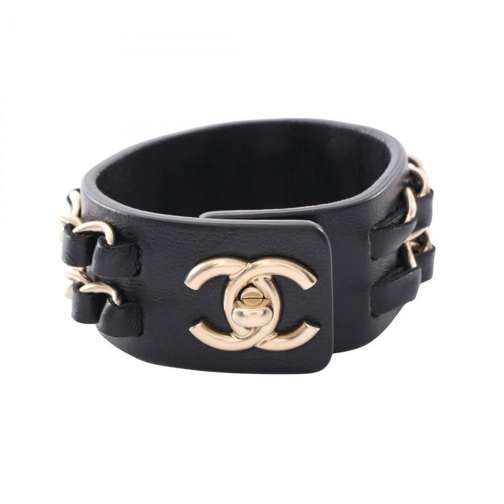 CHANEL Black Leather Logo Charm Bracelet